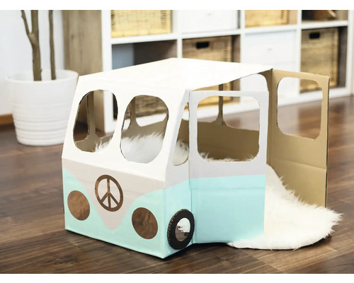 Lekhus av kartong i form av en hippiebil