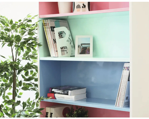 Hylla med flera hyllor och dekorativa föremål.