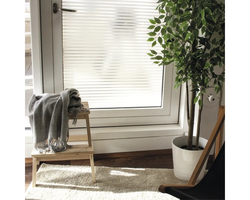 Scen med fönsterfilm med randigt mönster, pall, filt och krukväxt