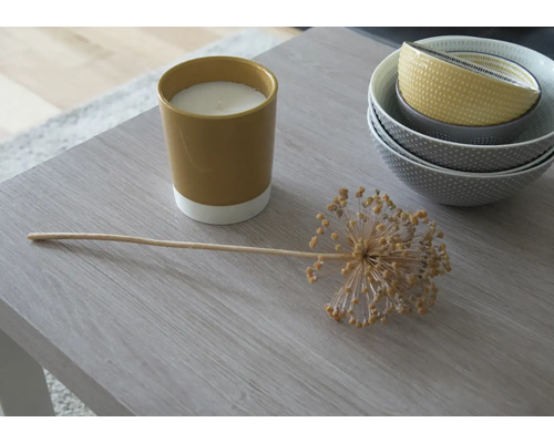 Dekoration med ljus, prydnadslök och skålar på ett bord