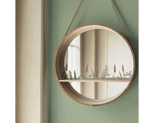 Rund spegel med hylla och läderupphängning