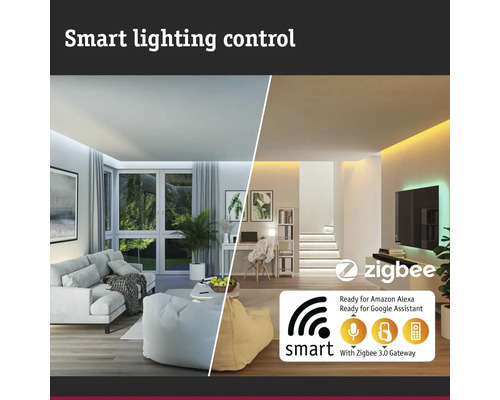 Smart belysningsstyrning i vardagsrum med Zigbee-logotyp för kompatibilitet med Amazon Alexa och Google Assistant