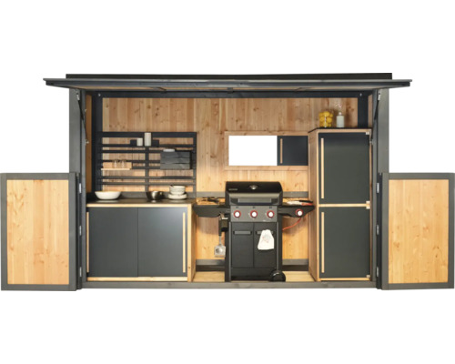 Utekök med grill, arbetsytor, skåp och hyllor