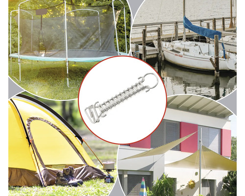 Användningsexempel på en dragfjäder med ringöglor för studsmatta, tält, solsegel och båt
