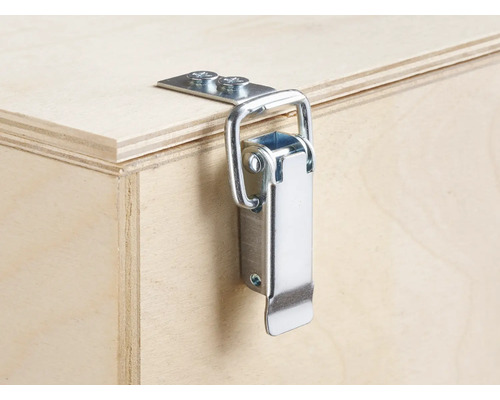 Detaljvy av en trälåda med metallspänne