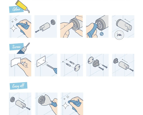 Instruktioner för montering av en artikel med lim eller skruvar