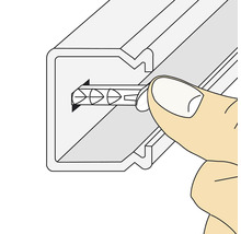 Illustration som visar insättning av en anslutningsdel i en metallskena.