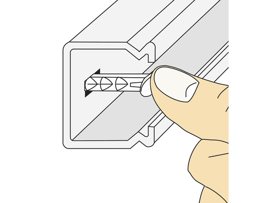 Illustration som visar insättning av en anslutningsdel i en metallskena.
