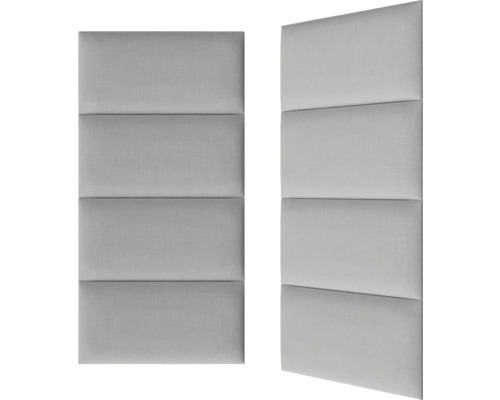 Två grå, rektangulära väggpaneler med stoppning, var och en indelad i fyra segment.
