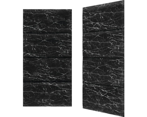 Två svarta akustikpaneler med marmormönster