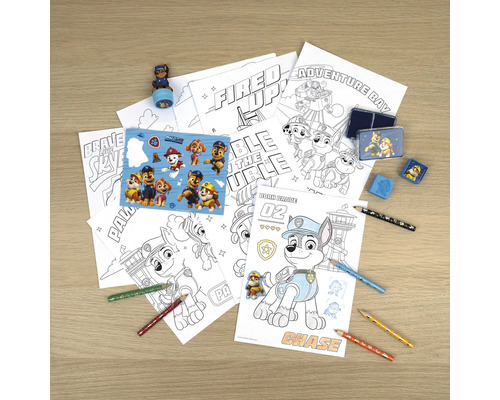Målarset med Paw Patrol-motiv, inklusive pennor, klistermärken, suddgummi och stämpel