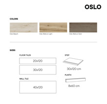 Oslo kakel färger och storlekar: bok, valnöt ljus, valnöt mörk, 20x120, 30x120, 40x120 centimeter, steg 30x120 centimeter, sockel 8x60 centimeter