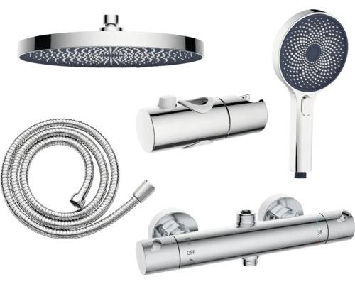 Duschsystem med takdusch, handdusch, duschslang och termostatblandare