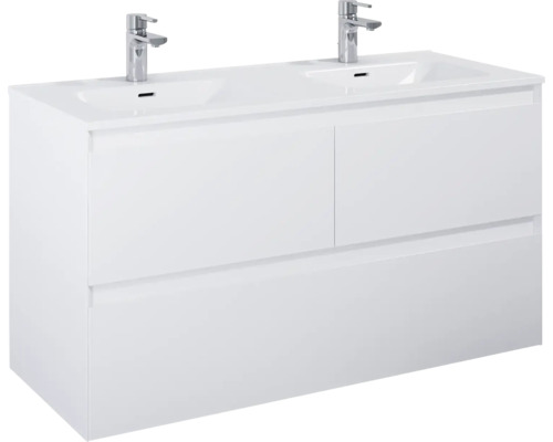 Tvättställsskåp med två handfat och två kranar