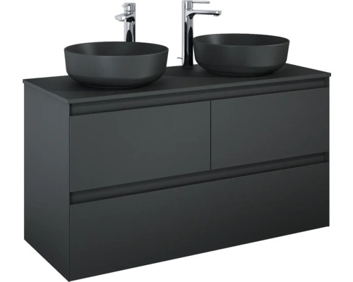 Tvättställsskåp med två bänkskivor och två kranar