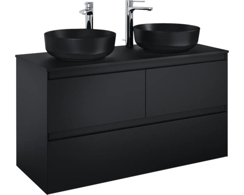 Tvättställsskåp med två tvättställsskålar och armaturer