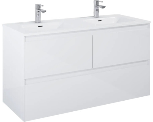 Tvättställsskåp med två handfat och två kranar