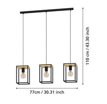 Taklampa med tre lampor, metall och trä, 77 x 110 centimeter