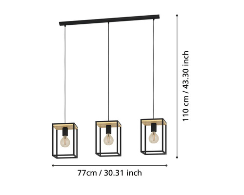 Taklampa med tre lampor, metall och trä, 77 x 110 centimeter