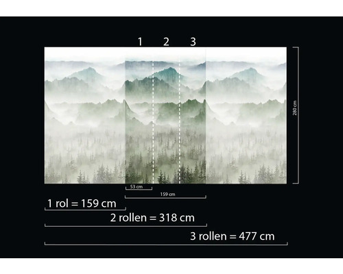 Fototapet med bergslandskap och storleksangivelser
