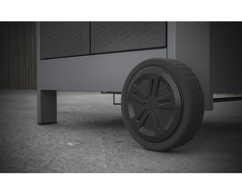 Detaljbild av ett grått verkstadsskåp med hjul