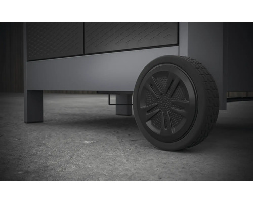 Detaljbild av ett underskåp med hjul