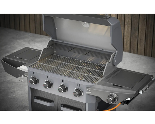 Gasolgrill med fyra brännare, sidobrännare och öppet lock