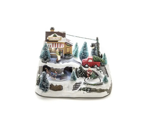 Juldekoration med animerat vinterlandskap, träd och figurer