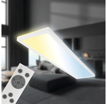 Rektangulär LED-taklampa med fjärrkontroll i ett modernt inrett vardagsrum.