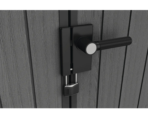 Detaljbild av ett apparatlås med hänglås på en trädörr