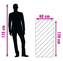 Diagram med produktmåtten 120 gånger 60 centimeter och en mänsklig silhuett med en höjd på 175 centimeter.