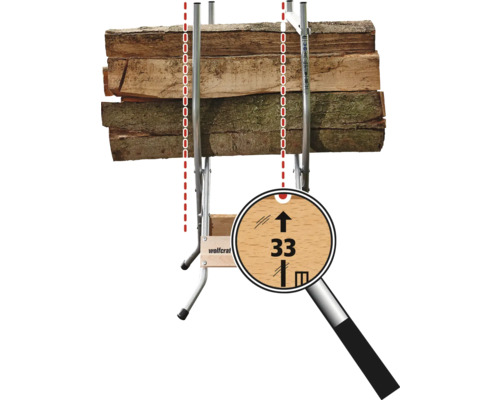 Vedställ med ved och storlekssymbol