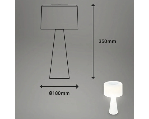 Teknisk ritning av en bordslampa med måtten 350 mm höjd och 180 mm diameter.