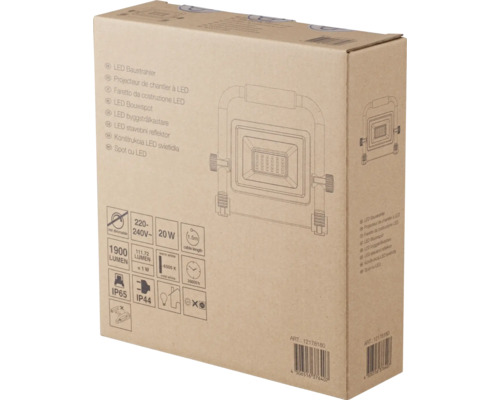 Förpackning av en LED-strålkastare med tekniska data som 20 watt, 1900 lumen och IP65-skydd