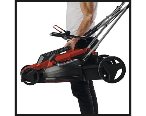 Elektrisk gräsklippare med uppsamlare, hålls av operatören