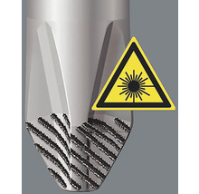 Verktygsdetalj med lasermarkering och varningsskylt för laserstrålning