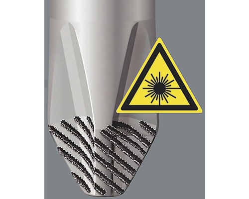Verktygsdetalj med lasermarkering och varningsskylt för laserstrålning