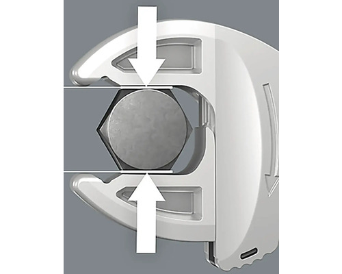 Illustration av en skiftnyckel som griper en skruv, tillsammans med riktningspilar.