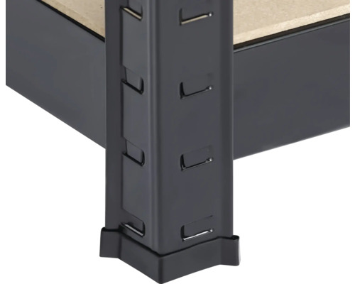 Detaljvy av en svart metallhylla med hyllplan