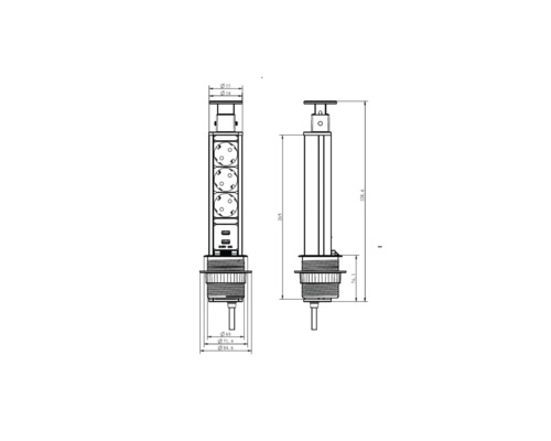Teknisk ritning av ett infällt uttagsblock med mått