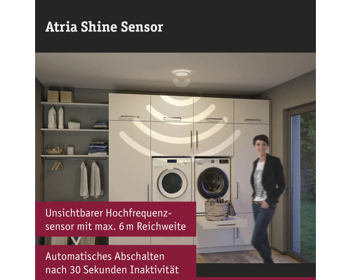 Atria Shine-sensor i tvättstugan med tvättmaskin och torktumlare.