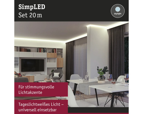 Vardagsrum med indirekt belysning genom SimpLED set 20 m för stämningsfulla ljusaccenter