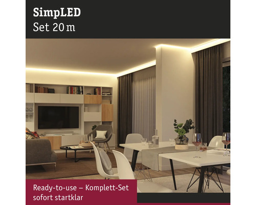 Vardagsrum med indirekt belysning från SimpLED 20 meter LED-lister