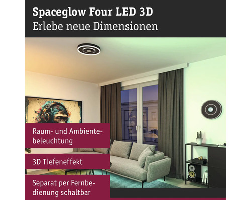 Vardagsrum med Spaceglow Four LED 3D taklampa för rums- och stämningsbelysning