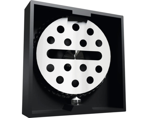 Ventilationsapparat med runt, perforerat lock i ett svart hölje