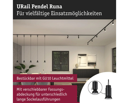 URail pendellampa Runa i vardagsrum med flexibla applikationsalternativ och GU10-lampor