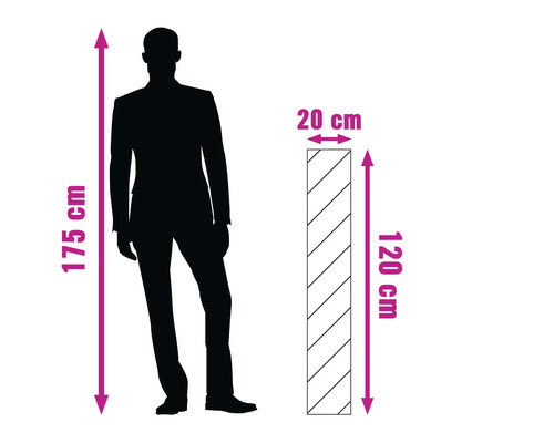 Illustration av produktens mått: 120 cm höjd, 20 cm bredd jämfört med en person som är 175 cm lång.