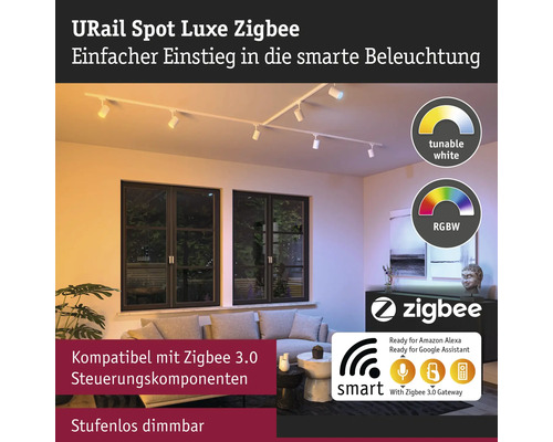 URail Spot Luxe Zigbee belysningssystem i vardagsrummet.