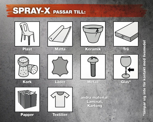 Spray-X lämplig för: plast, matta, keramik, trä, kork, läder, metall, glas, papper, textilier, laminat och kartong