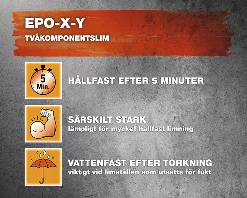 EPO-X-Y tvåkomponentslim med information om hållfasthet efter fem minuter, särskild styrka och vattenfasthet efter torkning